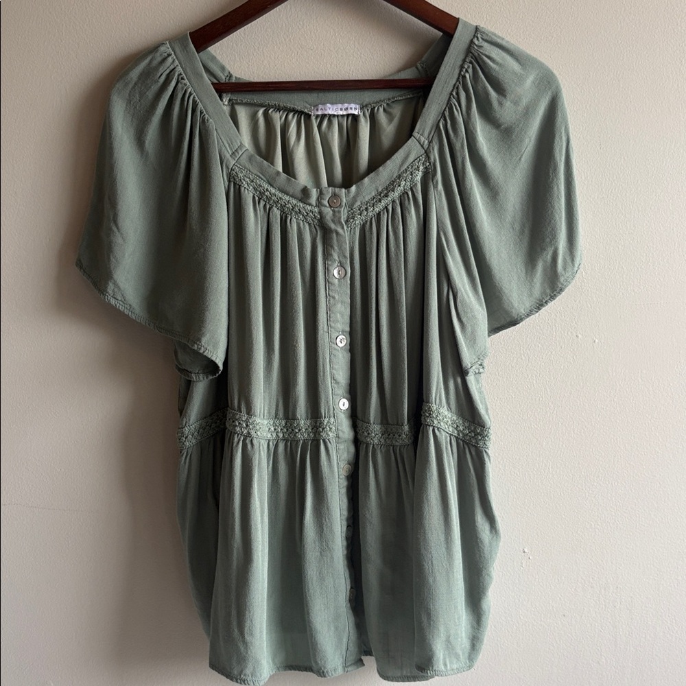 Baltic Born Sage Green Boho Blouse Peasant Top Flowy